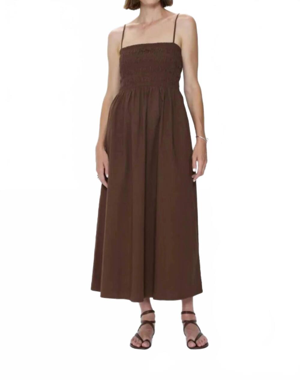 NEW PISTOLA bianca shirred bodice dress in chocolate brown